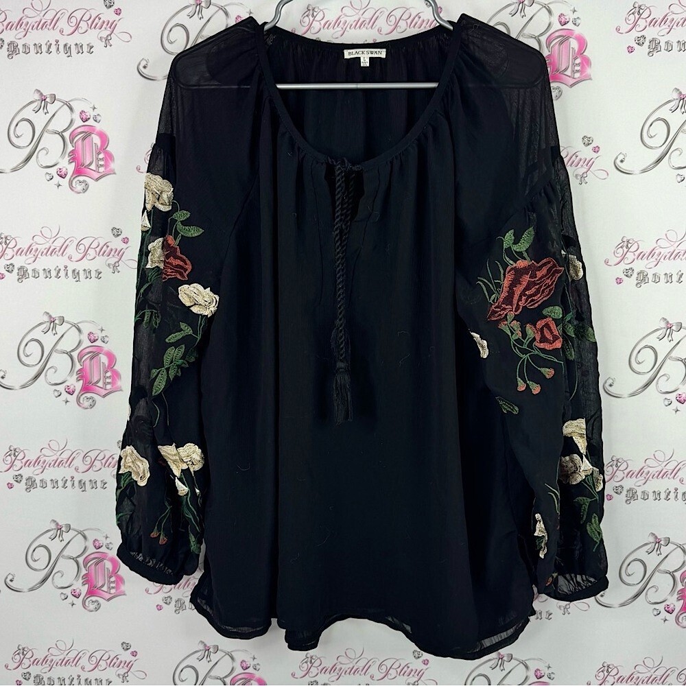 Black Swan long sleeve flowers Floral Embroidered Blouse tassles tie ups